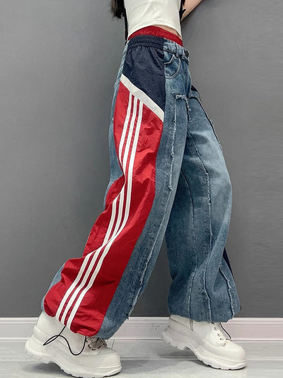 Loose Wide Leg Contrast Color Drawstring Elasticity Fringed Split-Joint Jean Pants Bottoms