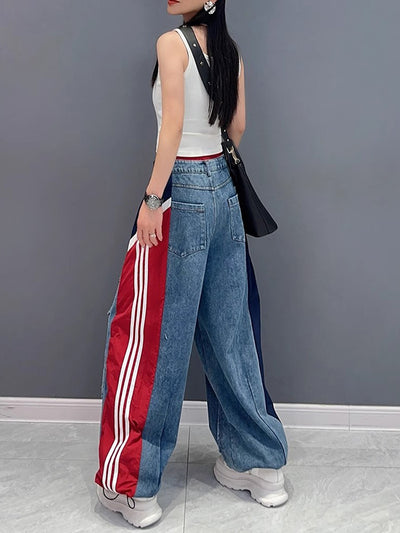 Loose Wide Leg Contrast Color Drawstring Elasticity Fringed Split-Joint Jean Pants Bottoms