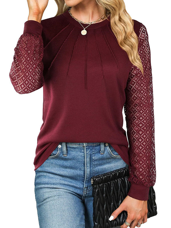 Long Sleeves Loose Solid Color Split-Joint Round-Neck T-Shirts Tops