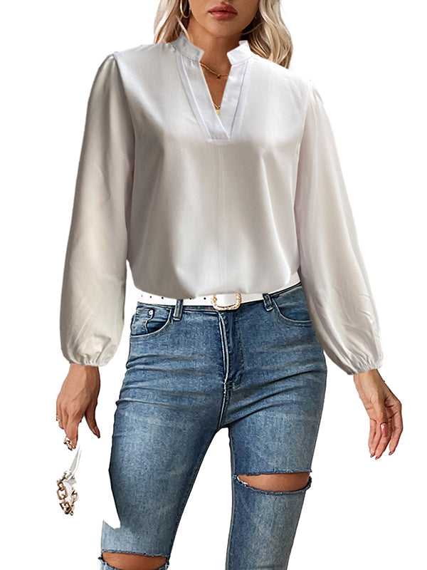 Long Sleeves Loose Elasticity Solid Color Stand Collar Blouses&Shirts Tops