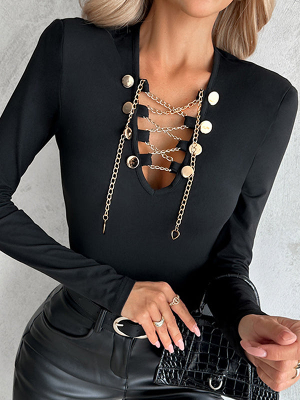 Long Sleeves Skinny Chains V-Neck T-Shirts Tops