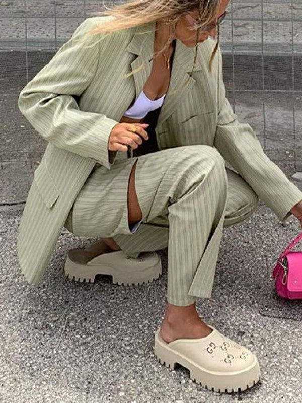 Long Sleeves Loose Buttoned Pockets Striped Notched Collar Blazer Top + Hollow Pants Bottom Two Pieces Set