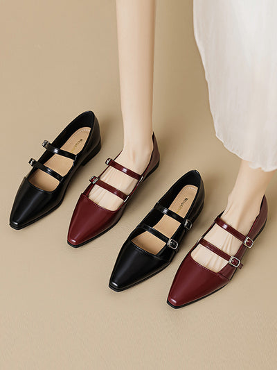 Belt Buckle Pointed-Toe Split-Joint Flat Shoes Mary Janes