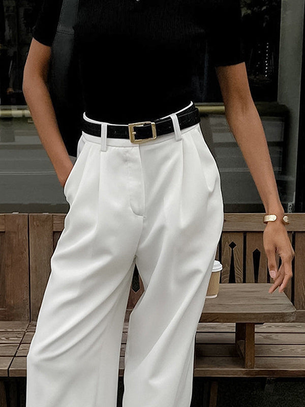 High Waisted Loose No Belt Pleated Pockets Solid Color Suit Pants Trousers