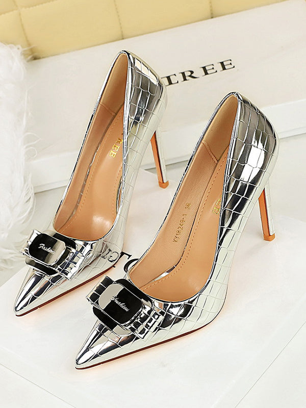 Belt Buckle Pointed-Toe Shiny Split-Joint Pumps