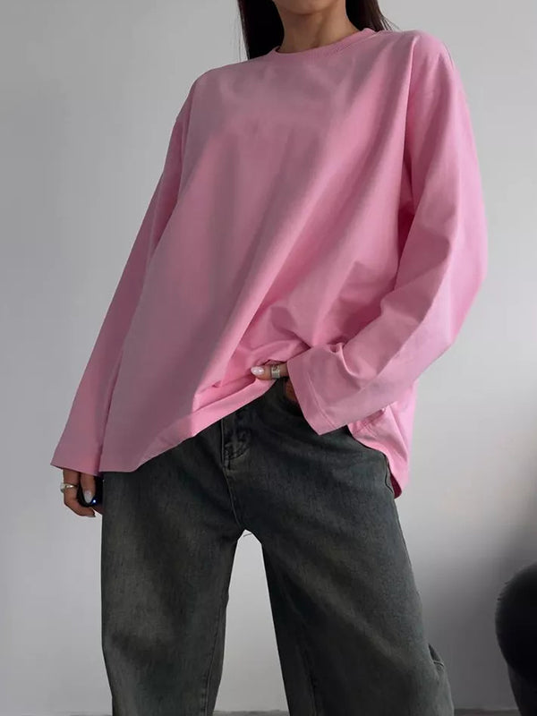 Long Sleeves Loose Solid Color Round-Neck T-Shirts Tops