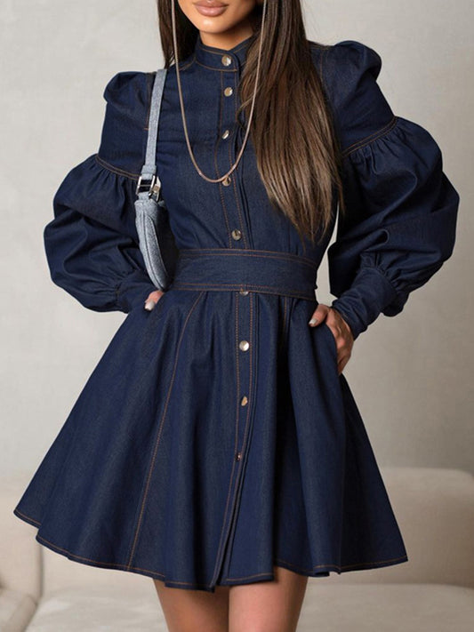 A-Line Long Sleeves Buttoned Pleated Split-Joint Tied Waist Mock Neck Mini Dresses