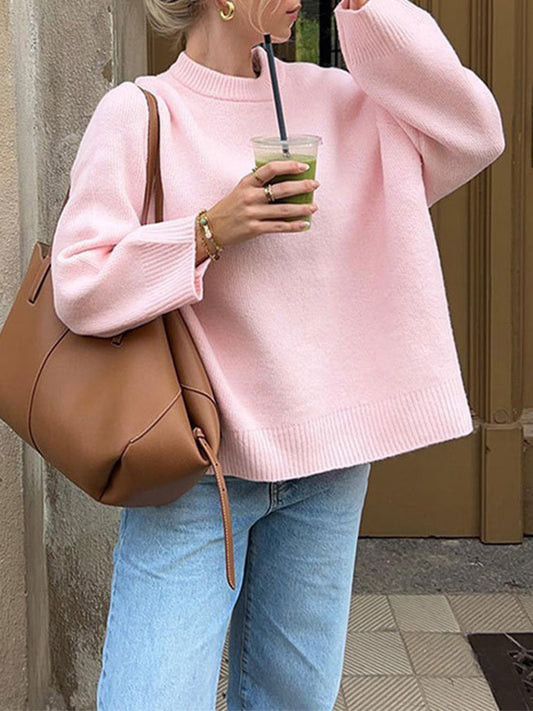 Long Sleeves Loose Solid Color Split-Joint Round-Neck Sweater Tops