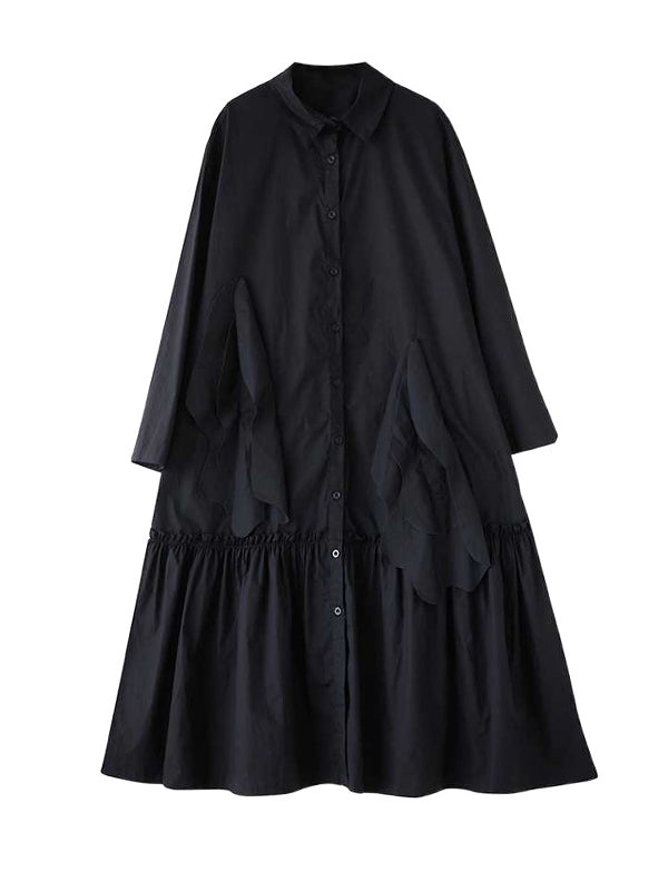 A-Line Long Sleeves Buttoned Pleated Pockets Solid Color Split-Joint Lapel Midi Dresses