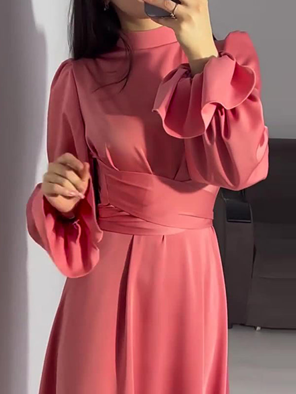 A-Line Long Sleeves Pleated Solid Color Tied Waist Zipper Mock Neck Maxi Dresses