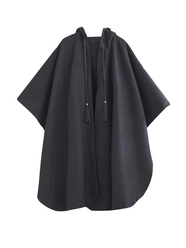 Batwing Sleeves Hooded Drawstring Pockets Split-Joint Tasseled Zipper Cape Outerwear Trench Coats