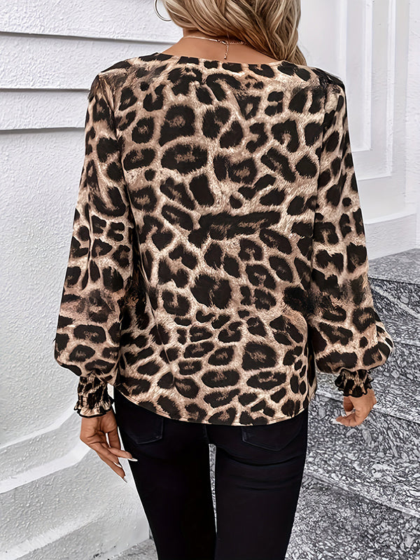 Loose Puff Sleeves Elasticity Leopard Pleated Printed Split-Joint V-Neck Blouses&Shirts Tops