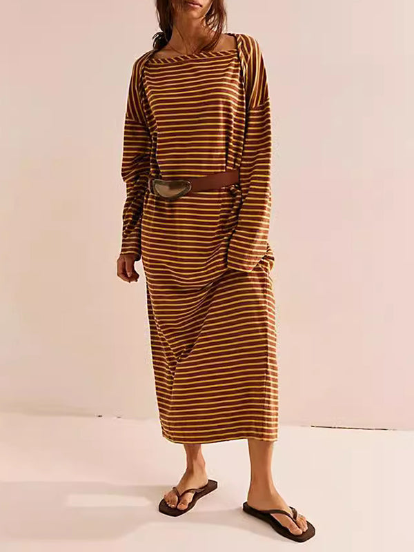 Long Sleeves Loose Contrast Color No Belt Split-Joint Striped Round-Neck Maxi Dresses