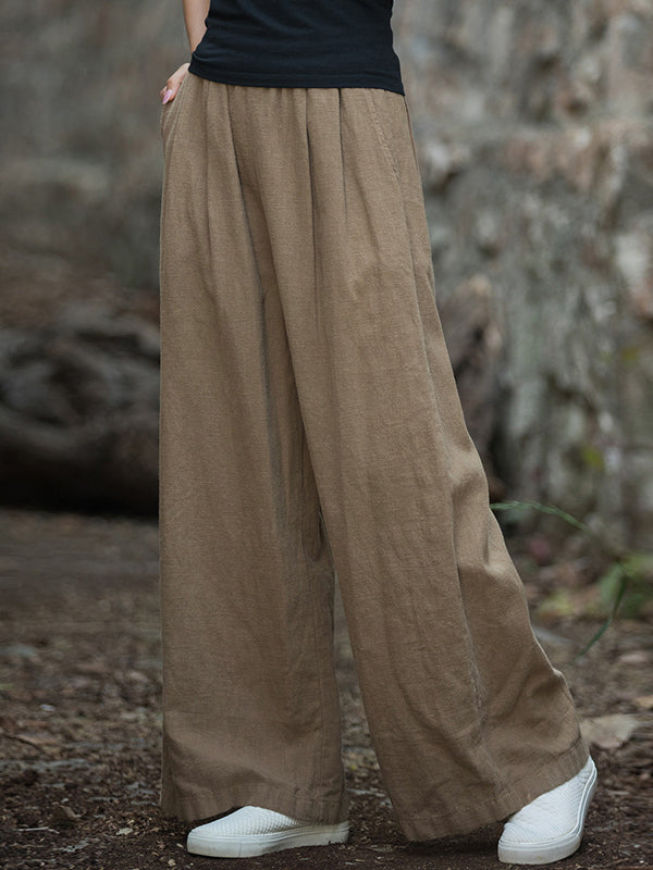 Loose Wide Leg Elasticity Pleated Pockets Solid Color Pants Trousers