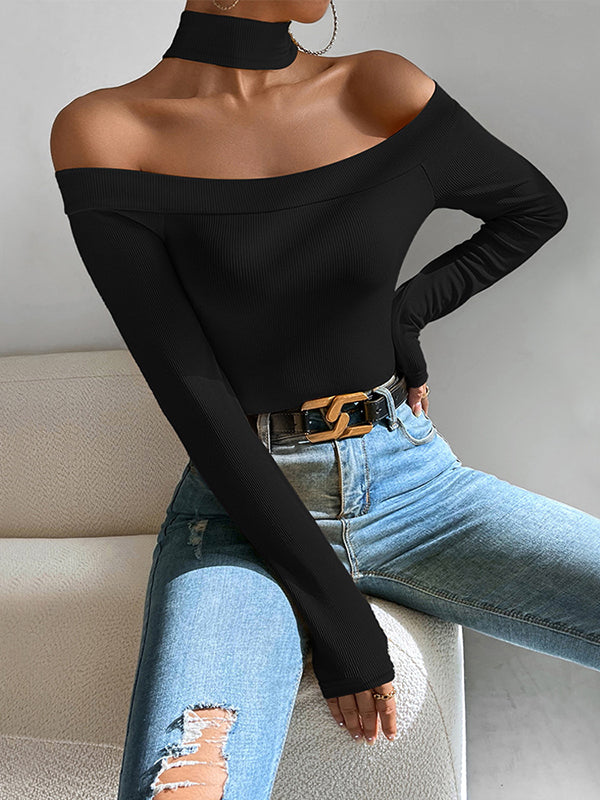 Long Sleeves Skinny Solid Color Off-The-Shoulder T-Shirts Tops