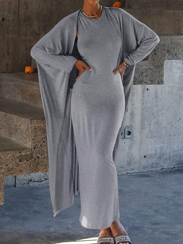 Long Sleeves Solid Color Round-Neck Inner Dress + Bodycon Outerwear Two Pieces Set