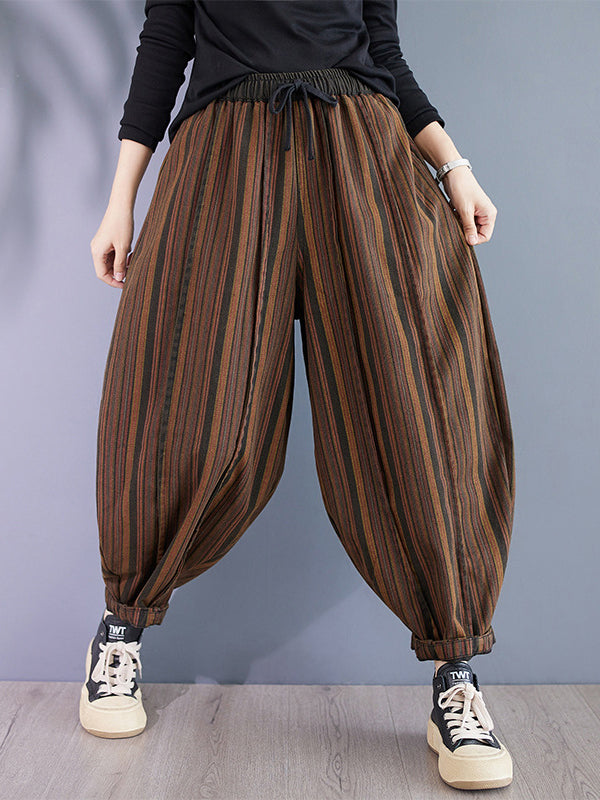 Harem Pants High Waisted Drawstring Elasticity Split-Joint Striped Pants Trousers