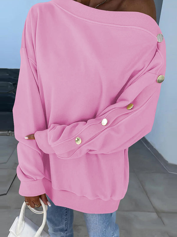 Long Sleeves Loose Buttoned Solid Color Split-Joint One-Shoulder Sweatshirt Tops