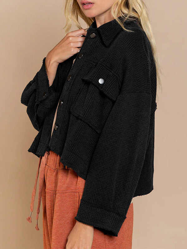 Long Sleeves Loose Buttoned Pockets Lapel Outerwear