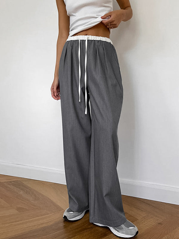 High Waisted Loose Contrast Color Drawstring Pockets Pants Trousers