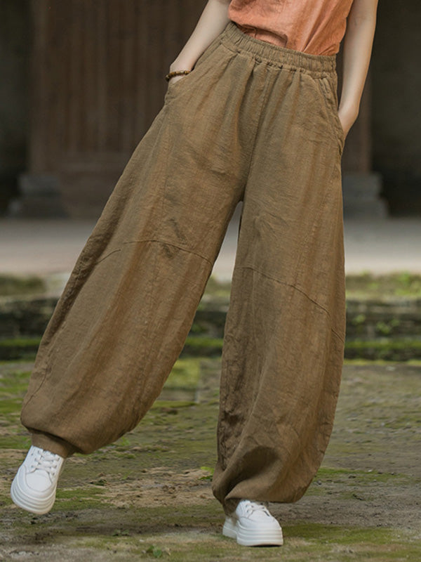 Loose Elasticity Pockets Solid Color Split-Joint Cropped Trousers Pants