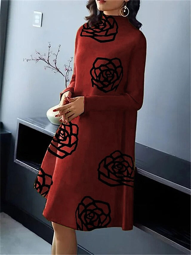 A-Line Long Sleeves Flower Print Mock Neck Midi Dresses