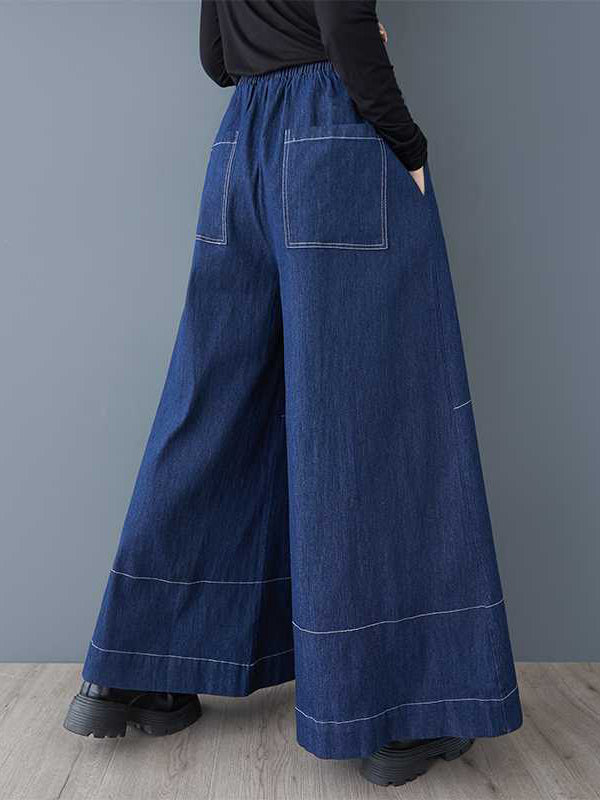 High Waisted Loose Elasticity Pockets Culotte Jean Pants Bottoms