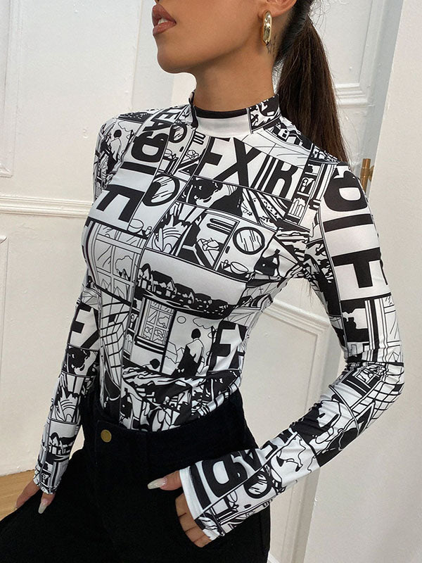 Long Sleeves Skinny Contrast Color Printed Mock Neck T-Shirts Tops