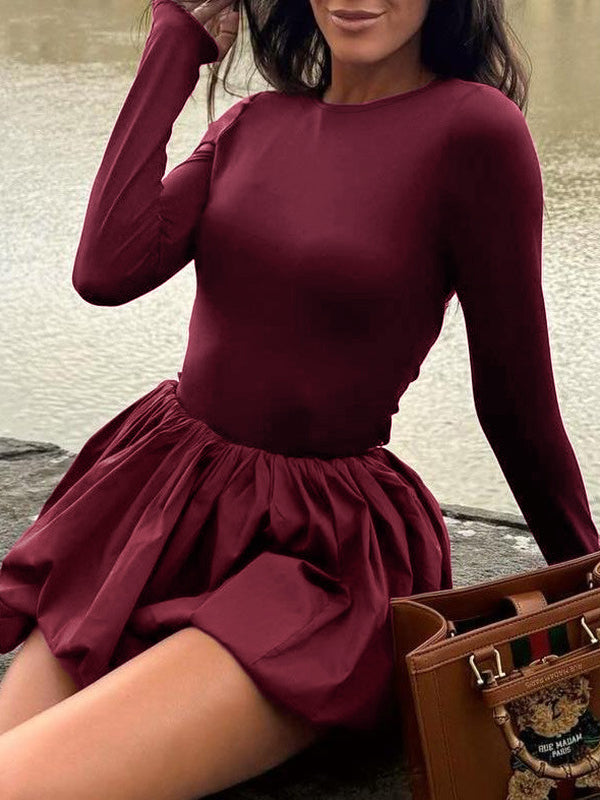 Long Sleeves Skinny Pleated Solid Color Split-Joint Round-Neck Mini Dresses