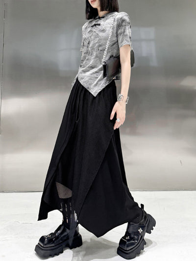 High Waisted Irregularity Asymmetric Drawstring Elasticity See-Through Solid Color Split-Joint Skirts