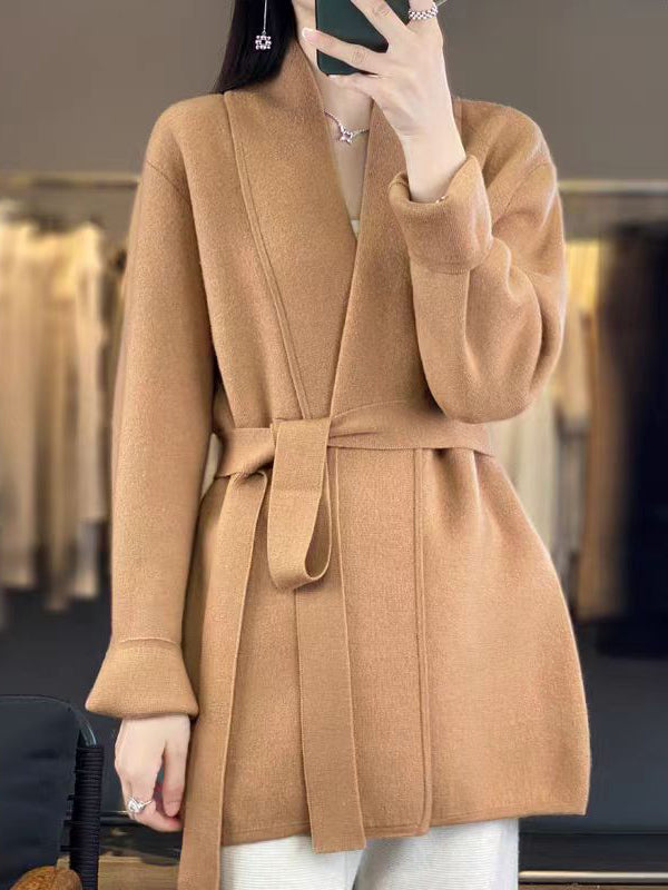 Long Sleeves Loose Solid Color Tied Waist V-Neck Cardigan Tops