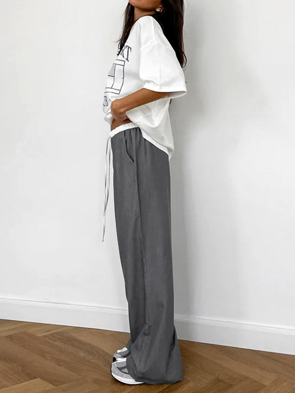 High Waisted Loose Contrast Color Drawstring Pockets Pants Trousers