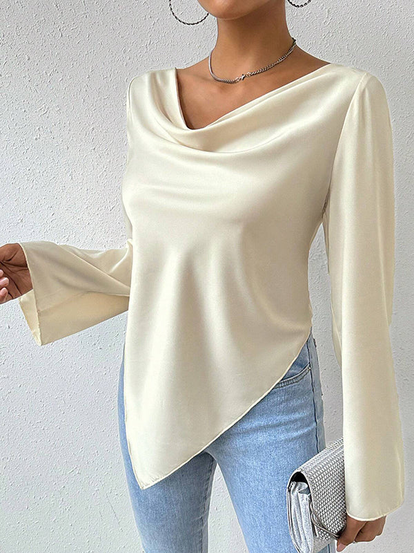 Long Sleeves Loose Solid Color Heaps Collar T-Shirts Tops