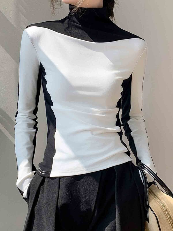 Long Sleeves Skinny Contrast Color Split-Joint High Neck T-Shirts Tops