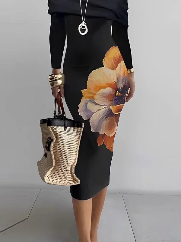 Bodycon Capelet Flower Print Mock Neck Midi Dresses