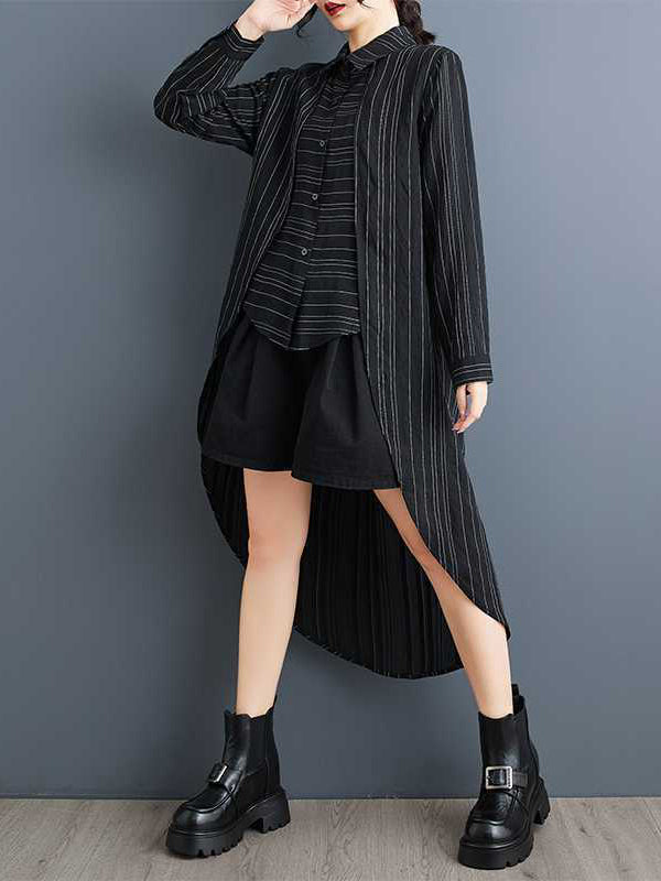 False Two High-Low Buttoned Split-Joint Striped Lapel Blouses&Shirts Tops