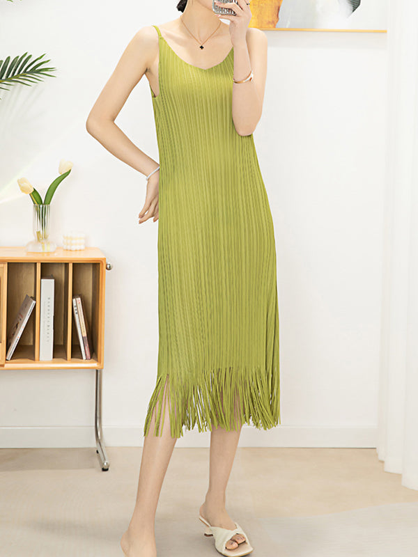 Loose Sleeveless Pleated Solid Color Tasseled Spaghetti-Neck Midi Dresses