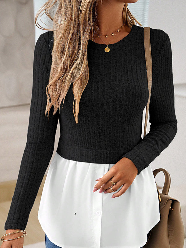 Long Sleeves Loose Buttoned Split-Joint Round-neck Knit Top