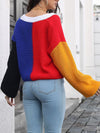 Long Sleeves Loose Contrast Color Split-Joint V-Neck Cardigan Tops