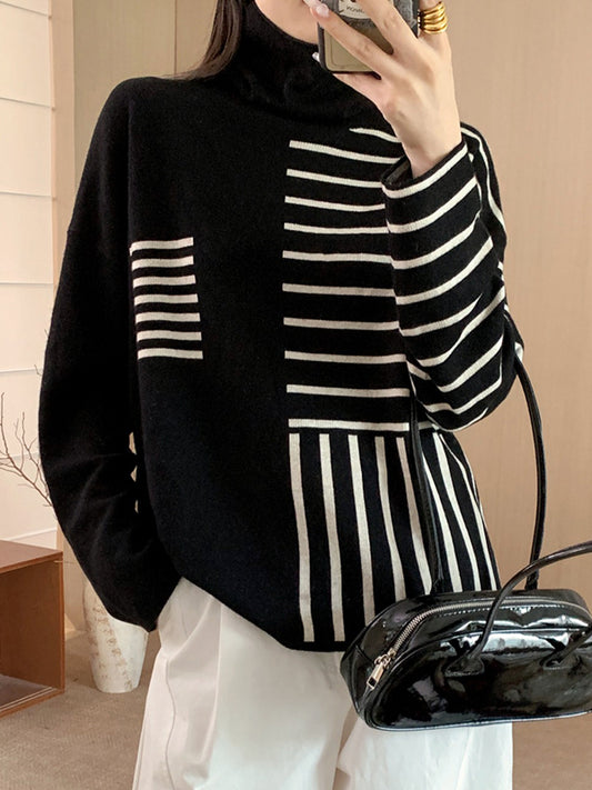 Long Sleeves Loose Contrast Color Striped High Neck Pullovers Sweater Tops