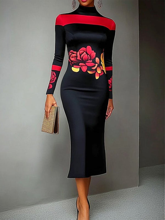 Bodycon Long Sleeves Flower Print High Neck Midi Dresses