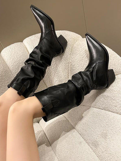 Chunky Shoes Pleated Pointed-Toe Solid Color Boots