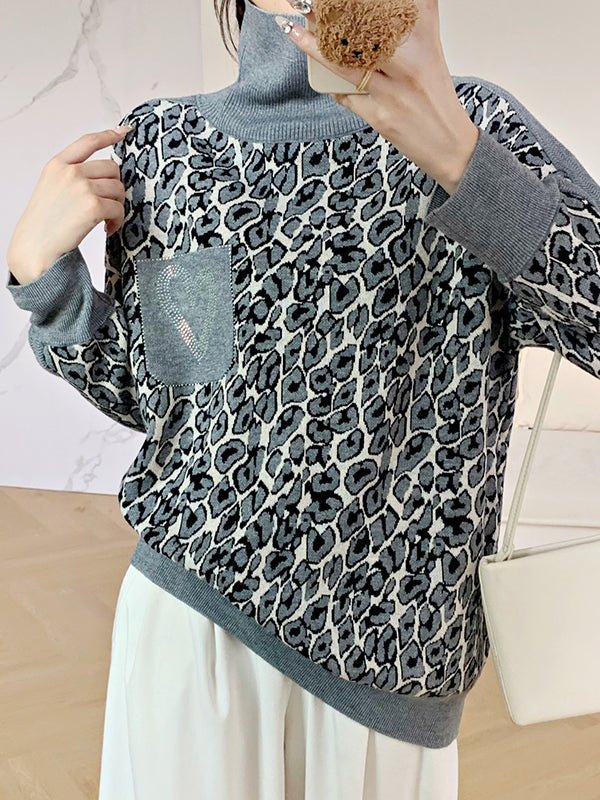 Long Sleeves Loose Leopard Split-Joint High Neck Pullovers Sweater Tops