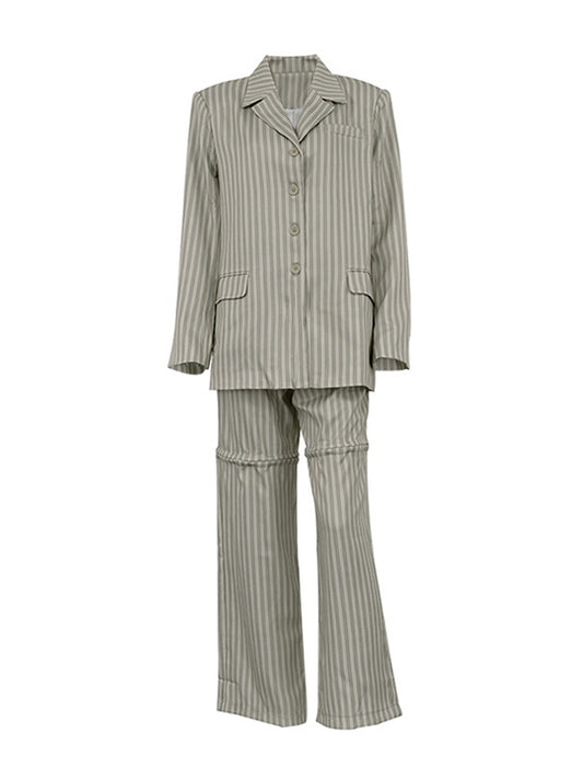 Long Sleeves Loose Buttoned Pockets Striped Notched Collar Blazer Top + Hollow Pants Bottom Two Pieces Set