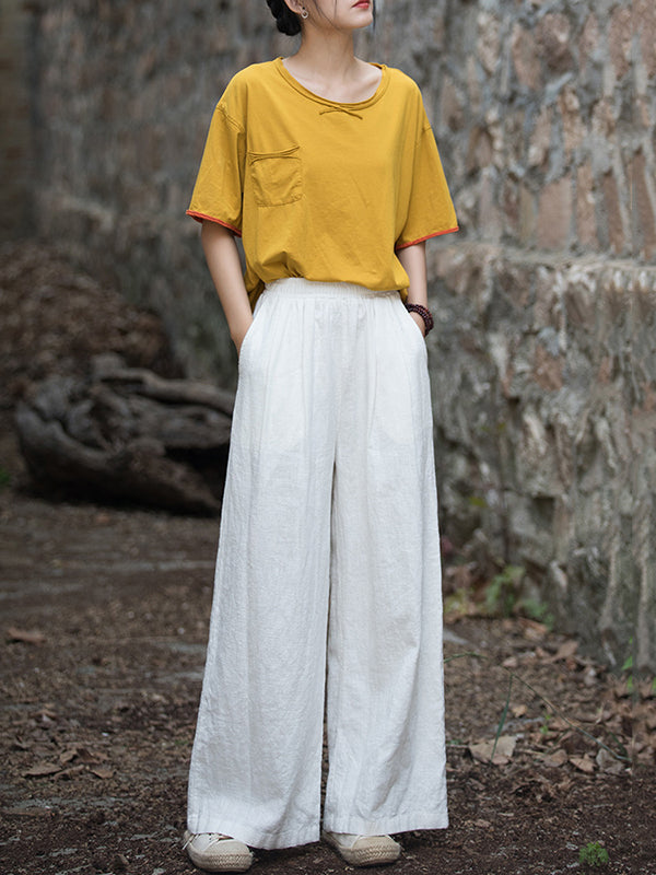 Loose Wide Leg Elasticity Pleated Pockets Solid Color Pants Trousers