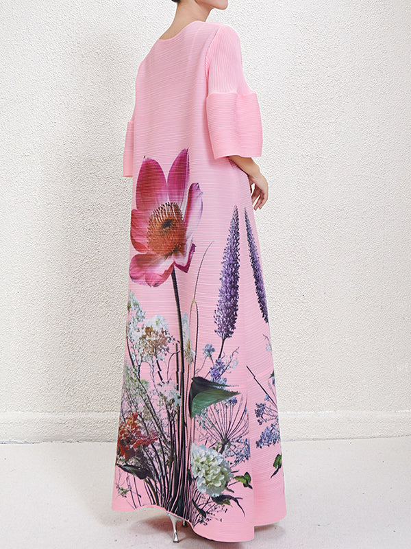 A-Line Flared Sleeves Flower Print Pleated V-Neck Maxi Dresses