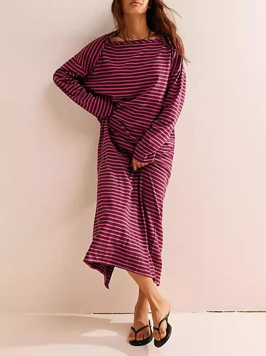 Long Sleeves Loose Contrast Color No Belt Split-Joint Striped Round-Neck Maxi Dresses