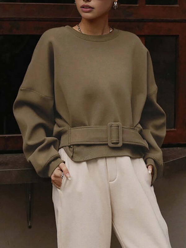 Long Sleeves Loose Belt Buckle Solid Color Round-Neck Sweatshirt Tops