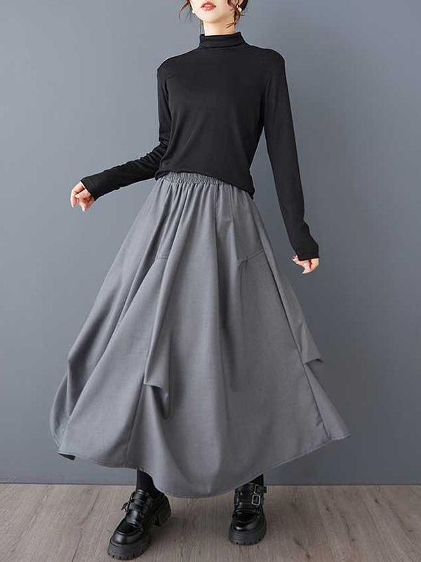 A-Line High Waisted Elasticity Pleated Solid Color Skirts Bottoms