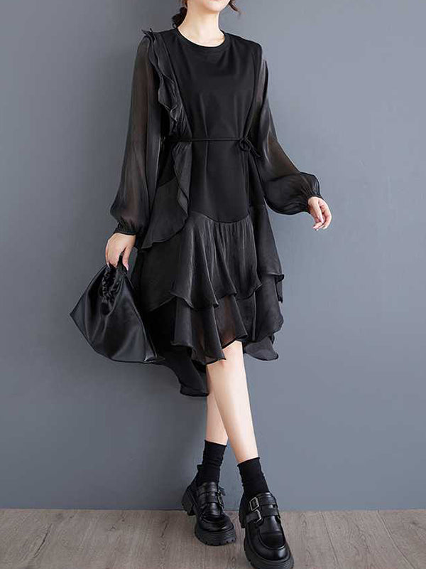 High-Low Long Sleeves Contrast Color Ruffle Trim Split-Joint Round-Neck Midi Dresses